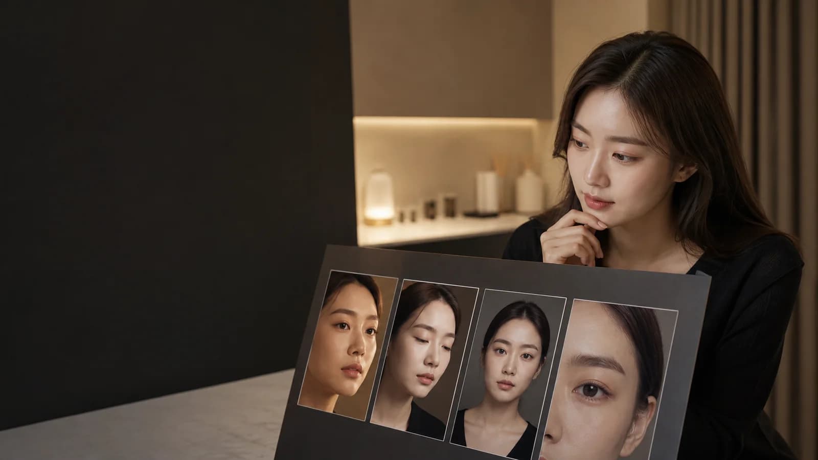 서로 다른 조명과 표정의 눈썹 사진 네 장을 비교하는 성인 한국인 여성