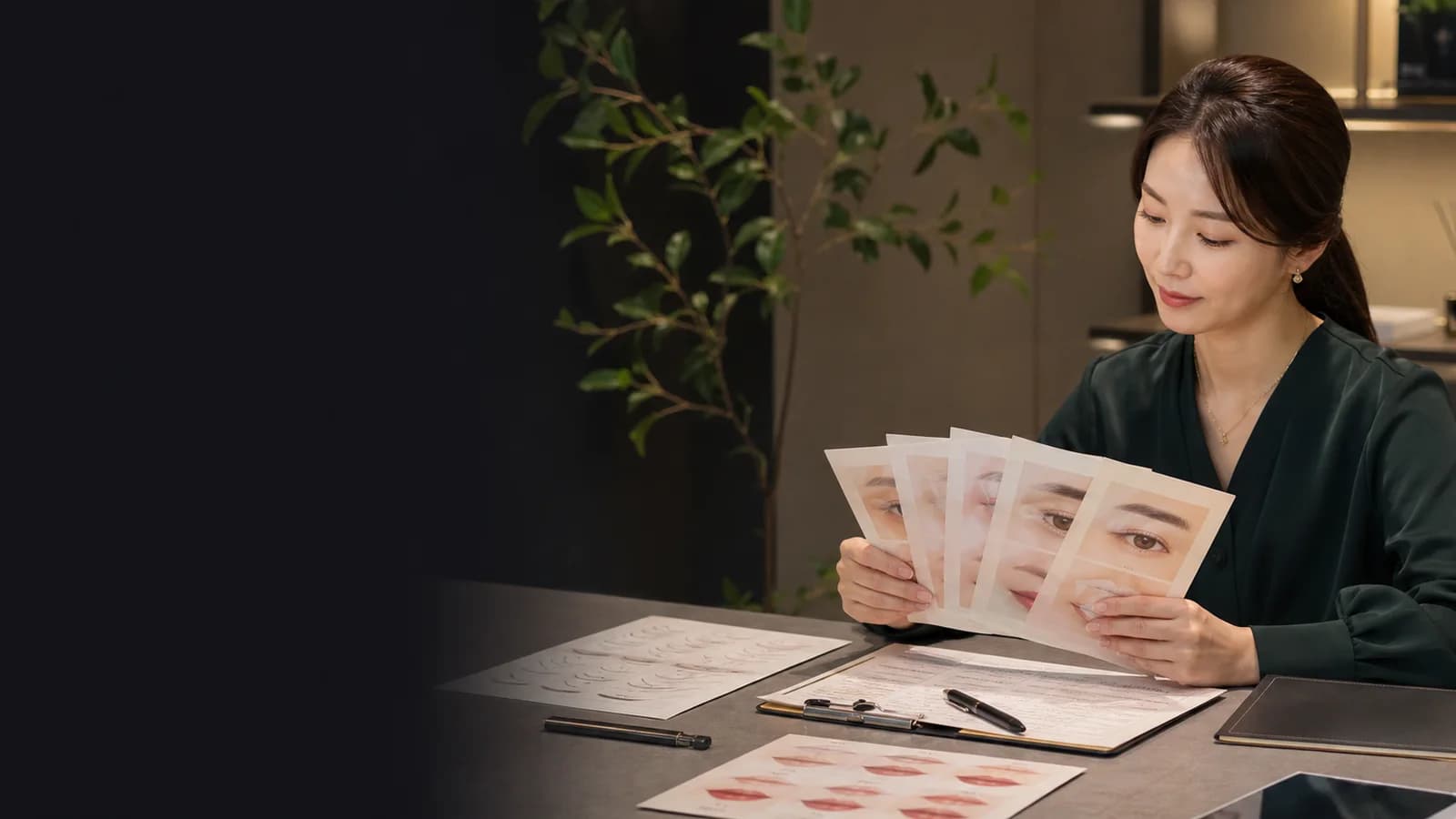 다섯 개 수업 증거 카드를 노트와 함께 비교하는 성인 한국인 수강 상담자