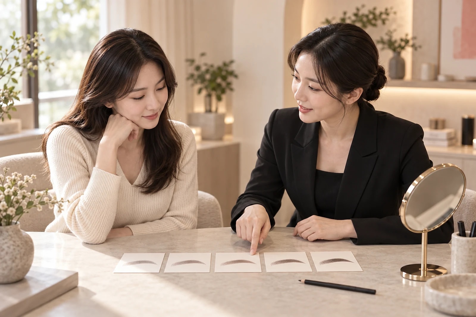 다섯 장의 무문자 상담 카드를 보며 눈썹 색과 진하기를 정리하는 한국 성인 여성