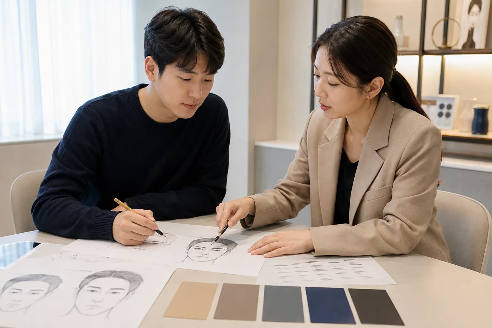 남자 얼굴 도안과 다섯 설계 변수 카드를 함께 검토하는 한국 성인 학습자와 강사