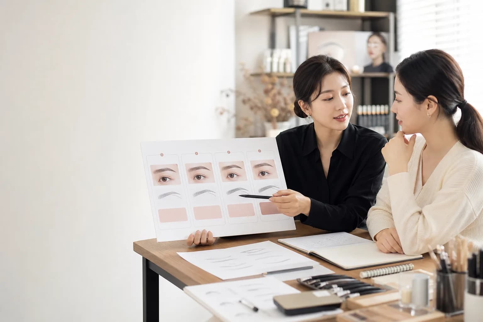 강사와 학습자가 모델 실습 단계 보드를 함께 검토하는 교육 장면