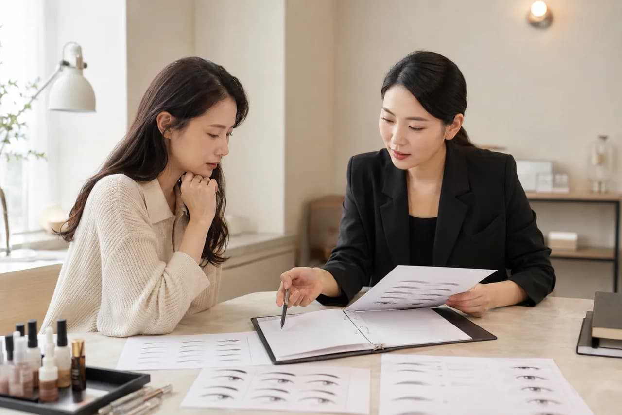 반영구 디자인 포트폴리오를 함께 검토하는 성인 학습자와 강사