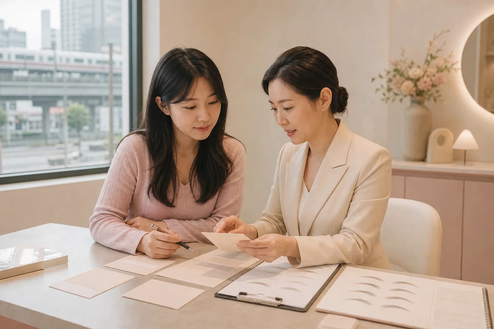 회차별 강의계획서와 눈썹 도안을 함께 검토하는 한국 성인 학습자와 강사