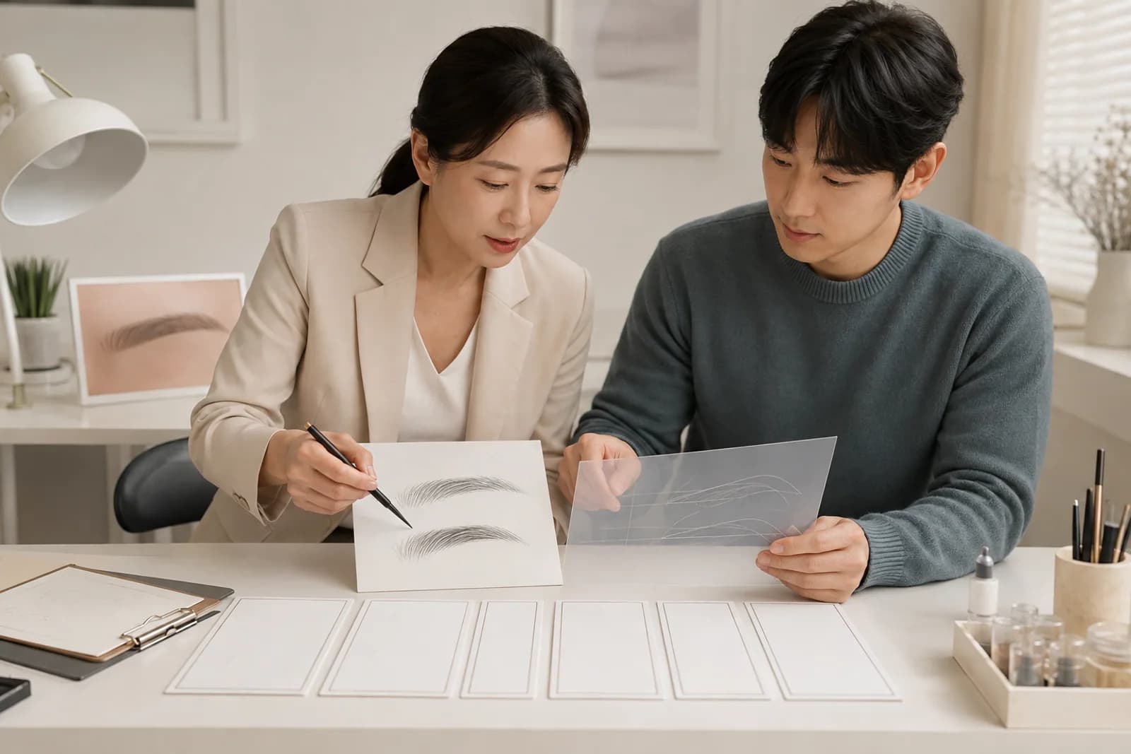 눈썹 도안과 여섯 칸 무문자 수업 기록을 검토하는 한국 성인 학습자와 강사