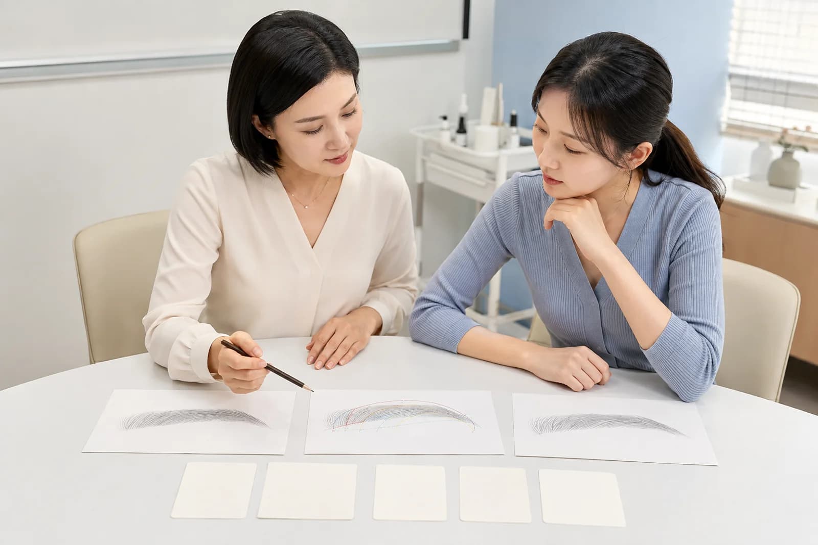 수정 전후 눈썹 도안과 다섯 단계 무문자 첨삭 카드를 검토하는 한국 성인 학습자와 강사
