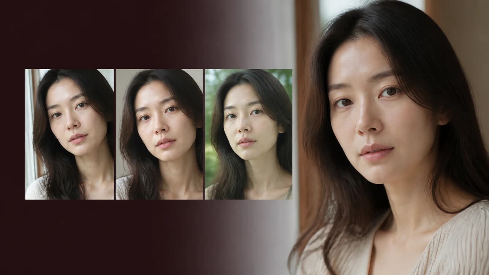 창가 실내 야외 그늘의 민낯 사진 세 장을 비교하는 성인 한국인 여성