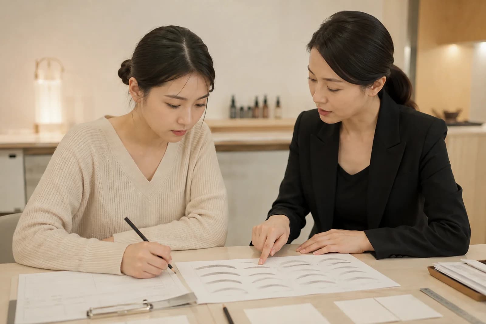 여섯 칸 실습 시간표와 눈썹 연습지를 비교하는 한국 성인 학습자