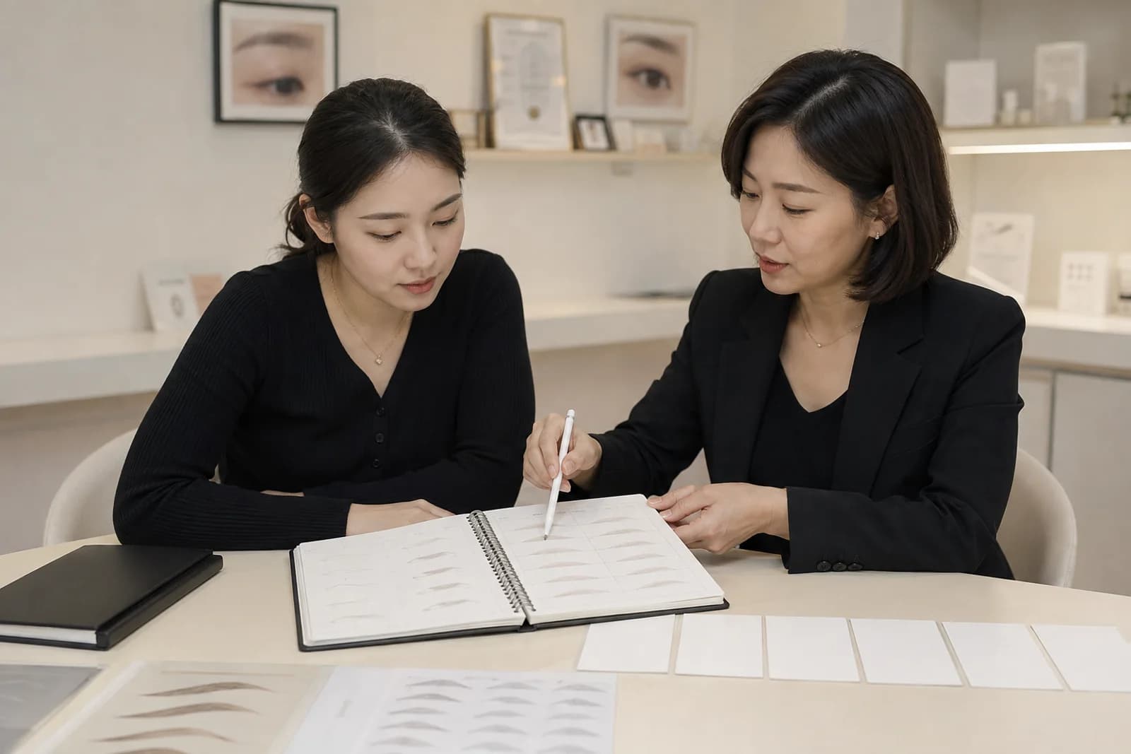 눈썹 연습 원본과 오답 노트 다섯 칸을 강사와 검토하는 한국 성인 학습자