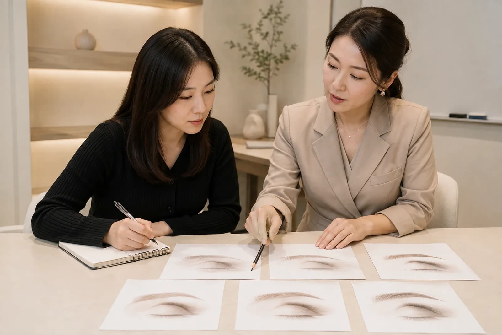 눈썹 도안 샘플 과제 다섯 장을 강사와 함께 검토하는 한국 성인 학습자