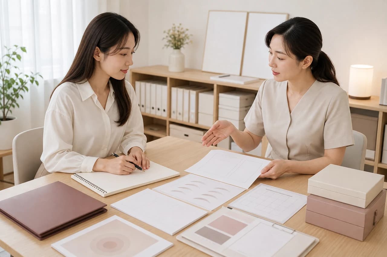 밝은 교육 공간에서 수업 목표표와 눈썹 도안을 검토하는 성인 학습자와 강사