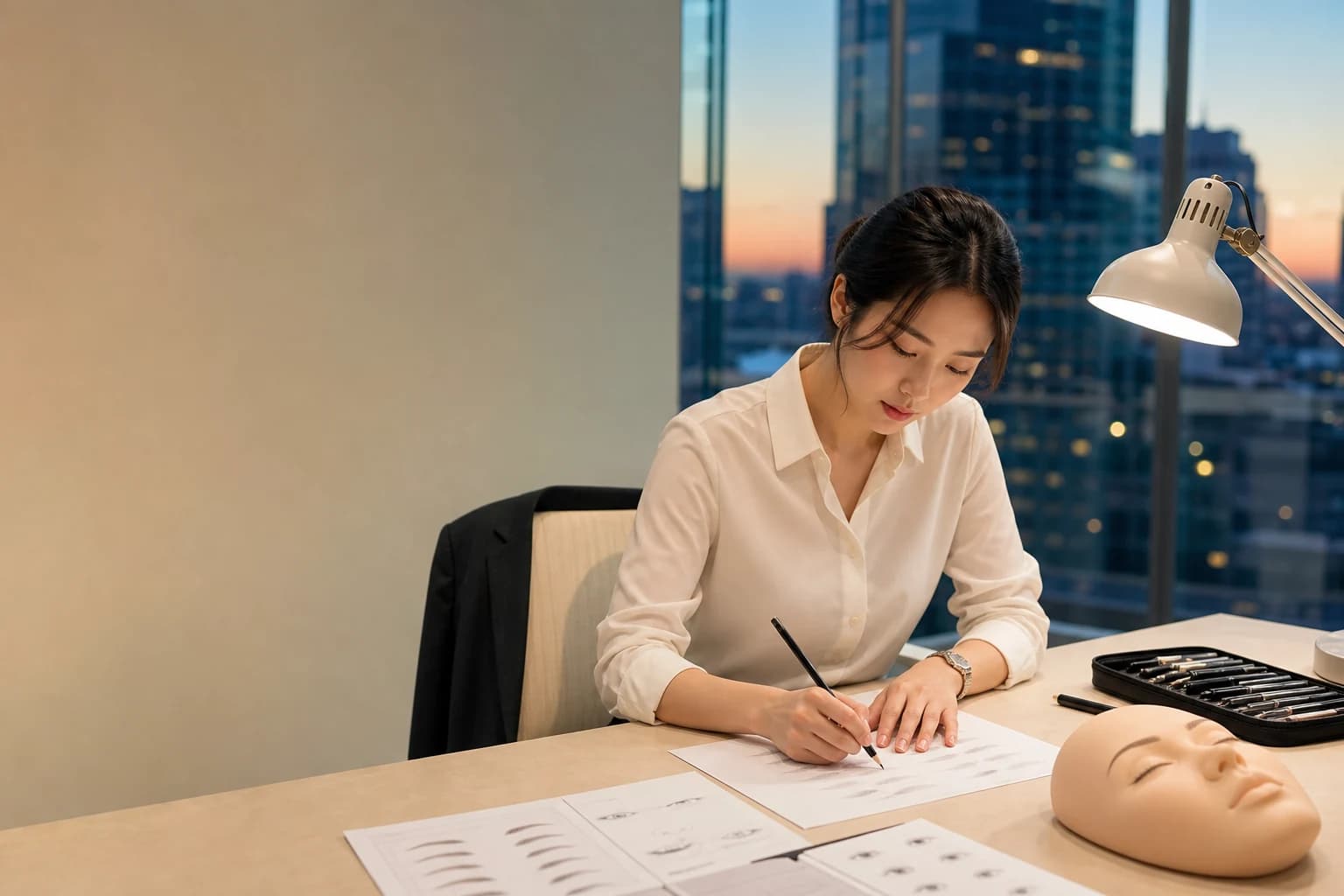 퇴근 후 눈썹 디자인 연습 자료를 살펴보는 한국인 직장인 학습자