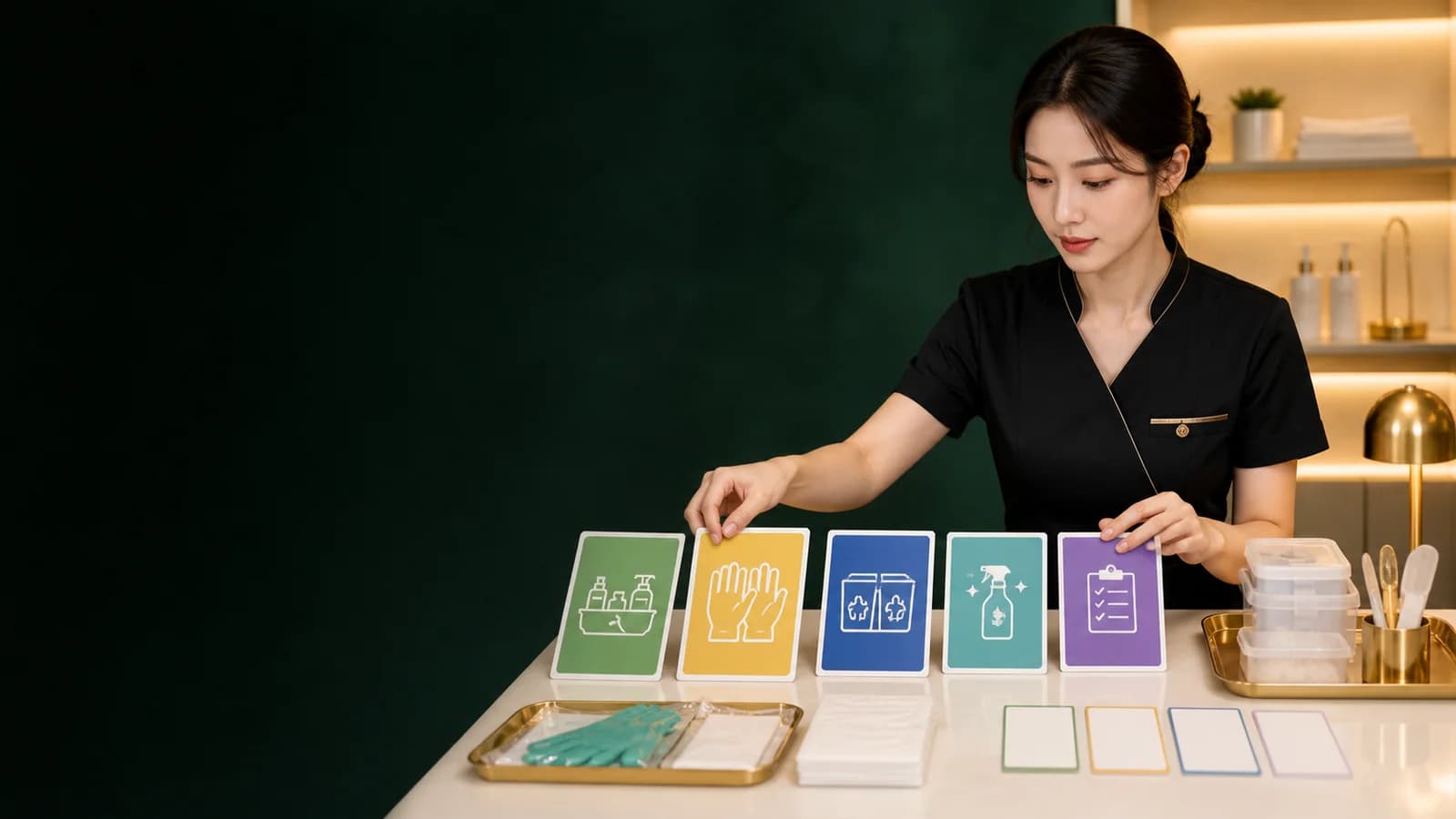 다섯 개 실습 동선 카드를 분류하는 한국 성인 학습자의 깨끗한 교육 장면