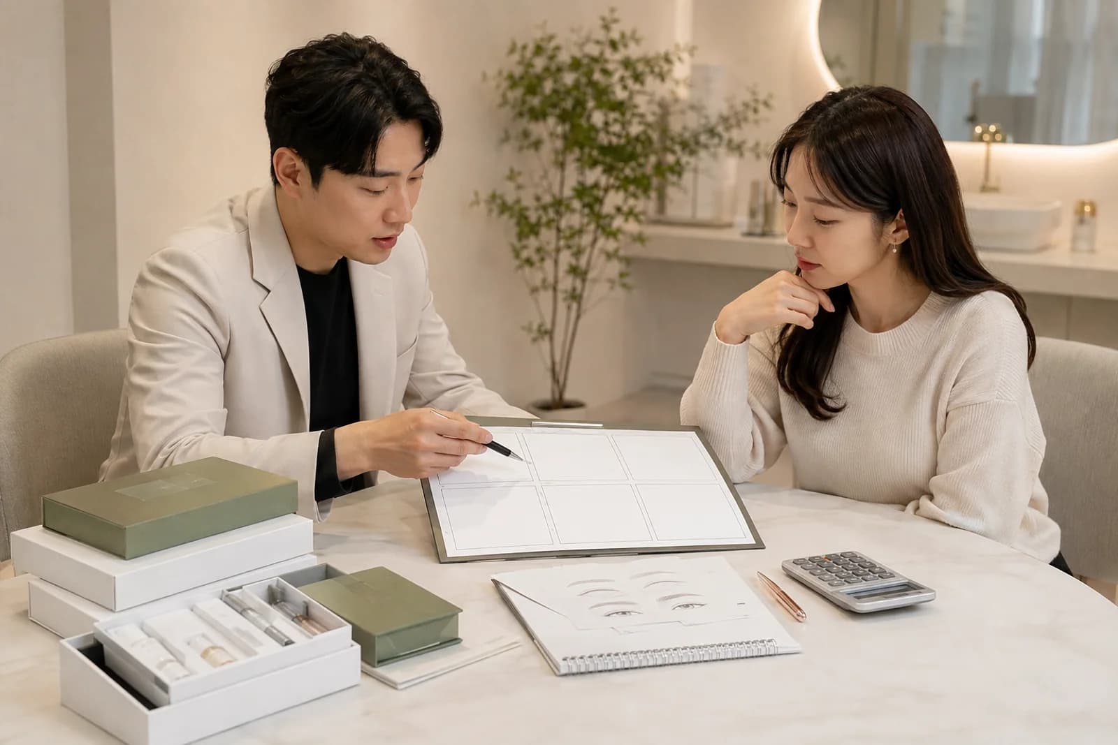 여섯 칸의 무문자 비용표와 교육 자료를 검토하는 한국 성인 학습자와 강사