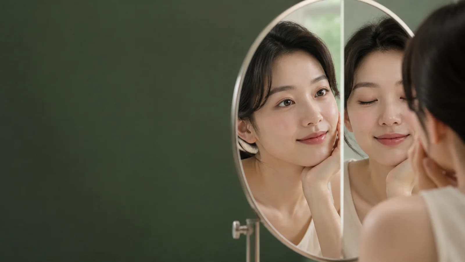 눈 뜬 사진과 감은 사진을 거울 옆에서 비교하는 성인 한국인 여성