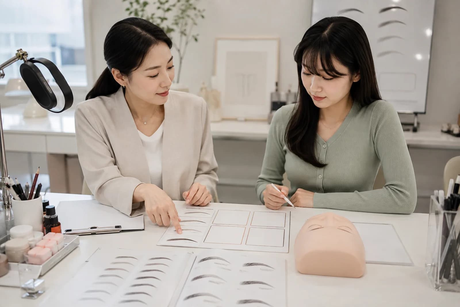 여섯 칸 무문자 주간 실습표와 눈썹 도안을 검토하는 한국 성인 학습자와 강사