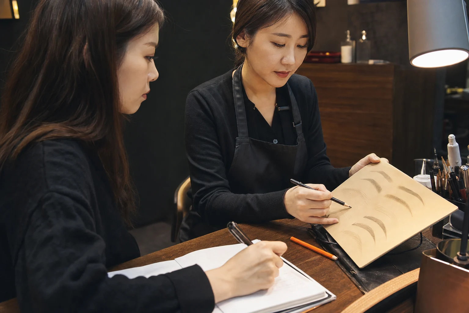 연습 결과를 함께 검토하며 수정 이유를 설명하는 장면