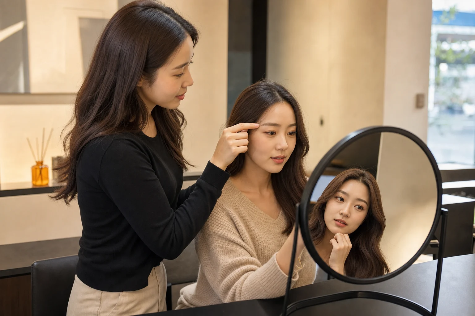 따뜻한 실내 조명에서 거울로 평소 인상을 확인하는 일상 이미지