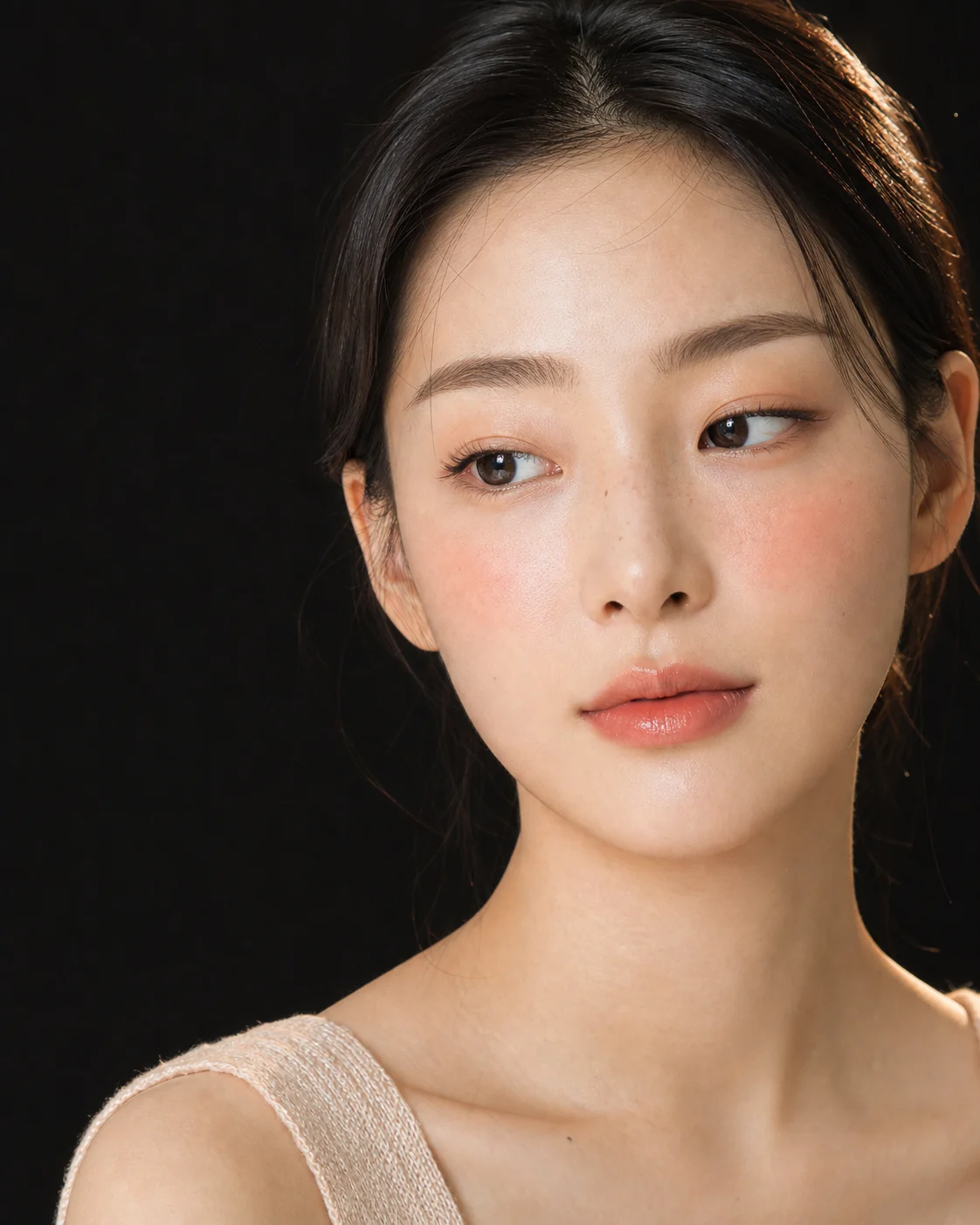 정면 얼굴에서 눈썹과 눈매의 전체 균형을 살펴보는 에디토리얼 이미지