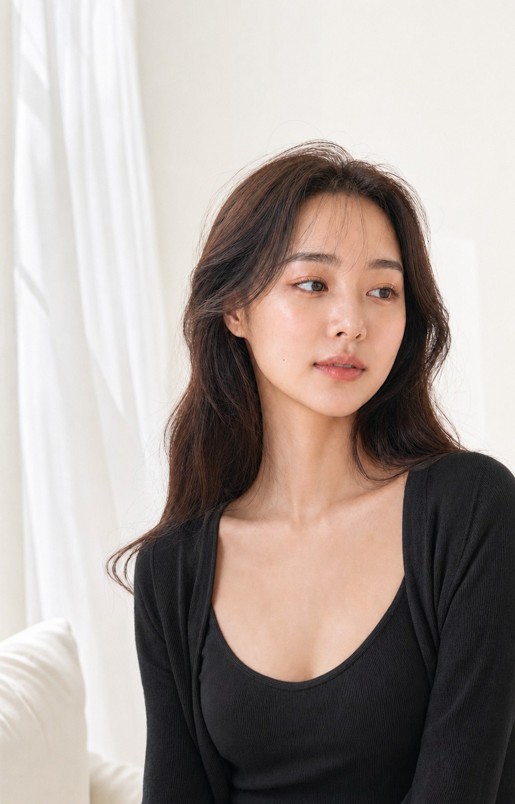 따뜻한 실내 조명에서 거울로 평소 인상을 확인하는 일상 이미지