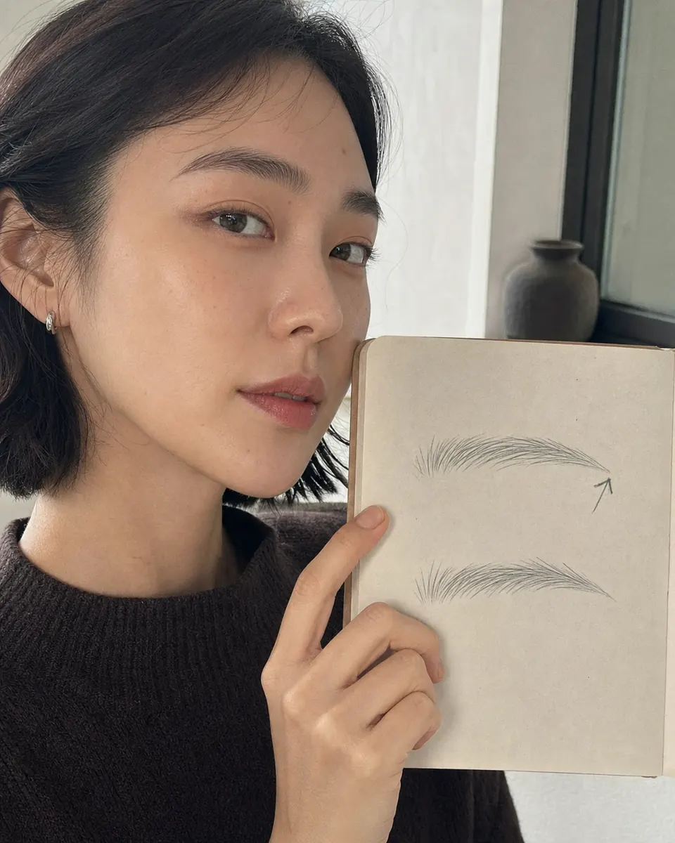 정면 얼굴에서 눈썹과 눈매의 전체 균형을 살펴보는 에디토리얼 이미지