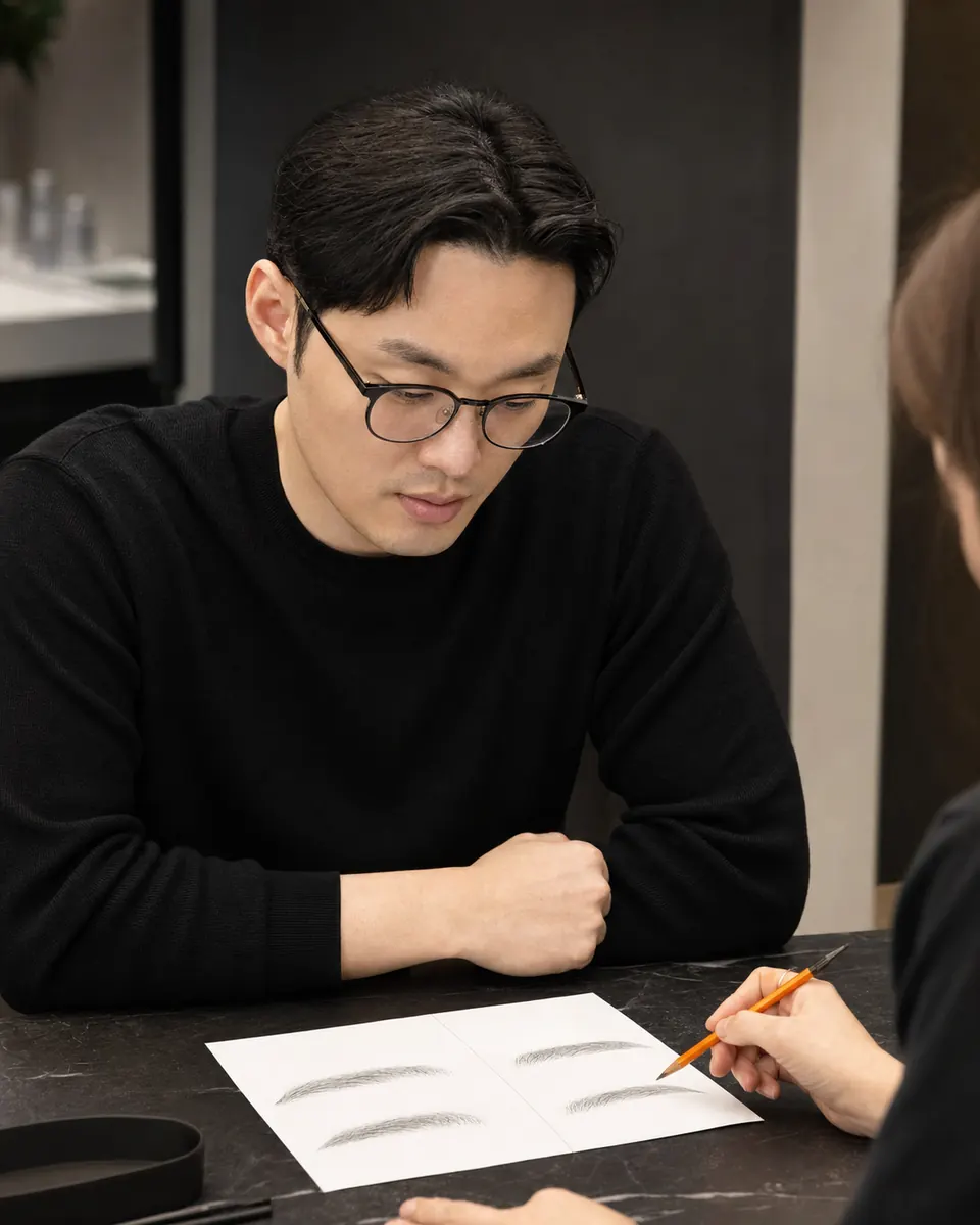 정면 얼굴에서 눈썹과 눈매의 전체 균형을 살펴보는 에디토리얼 이미지