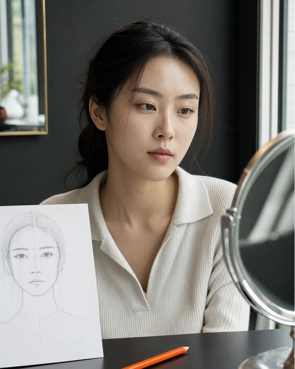 눈썹 결의 방향과 경계를 가까이 살펴보는 에디토리얼 얼굴 이미지