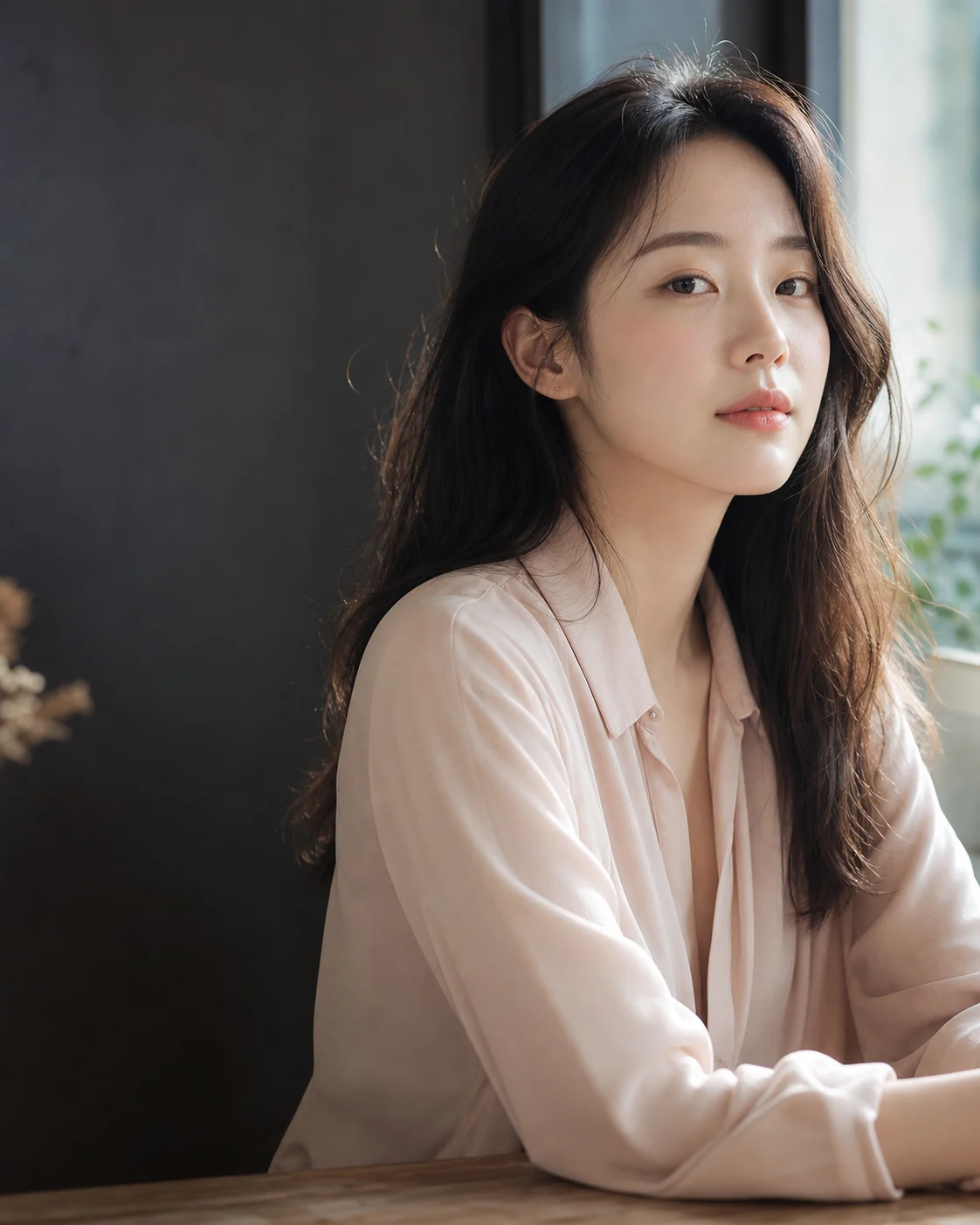 따뜻한 실내 조명에서 거울로 평소 인상을 확인하는 일상 이미지