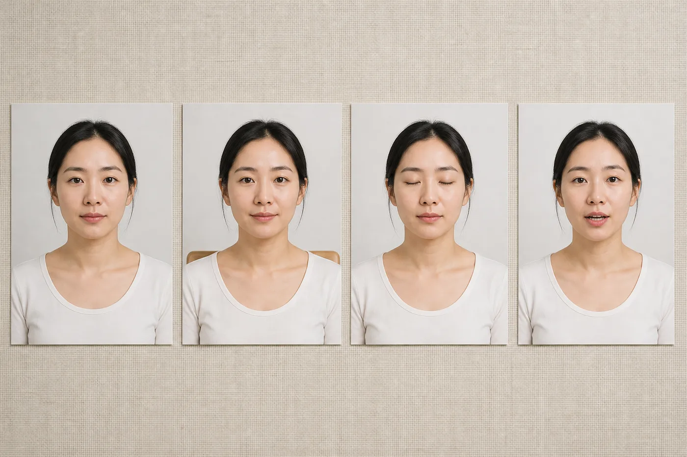 서기 앉기 눈 감기 말하기 자세를 같은 여성의 무문자 사진 카드로 나눈 보드