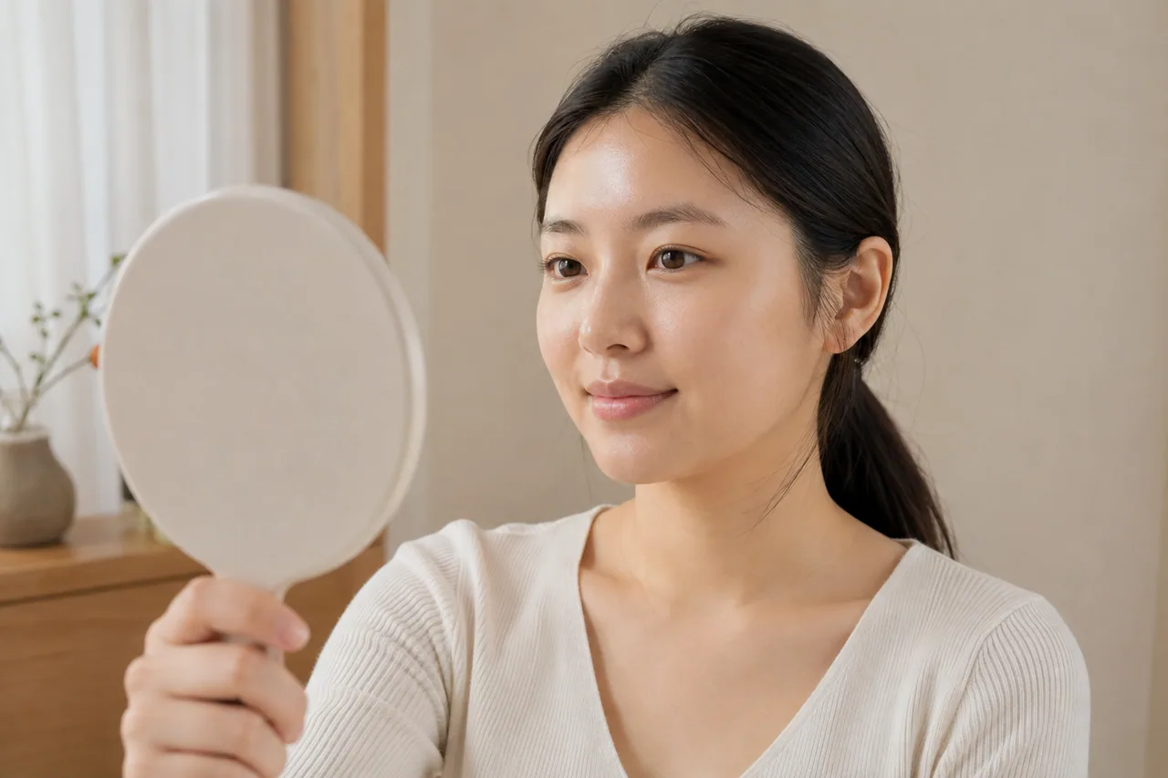 창가 거울에서 자연스러운 눈썹 인상을 확인하는 성인 여성