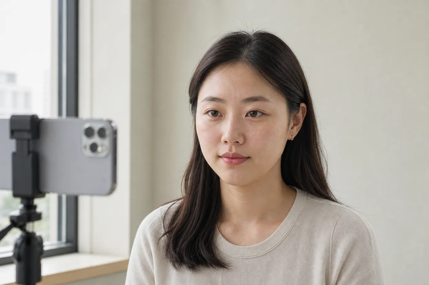 창가 자연광에서 보정 없이 얼굴 전체와 눈썹을 기록하는 한국 여성