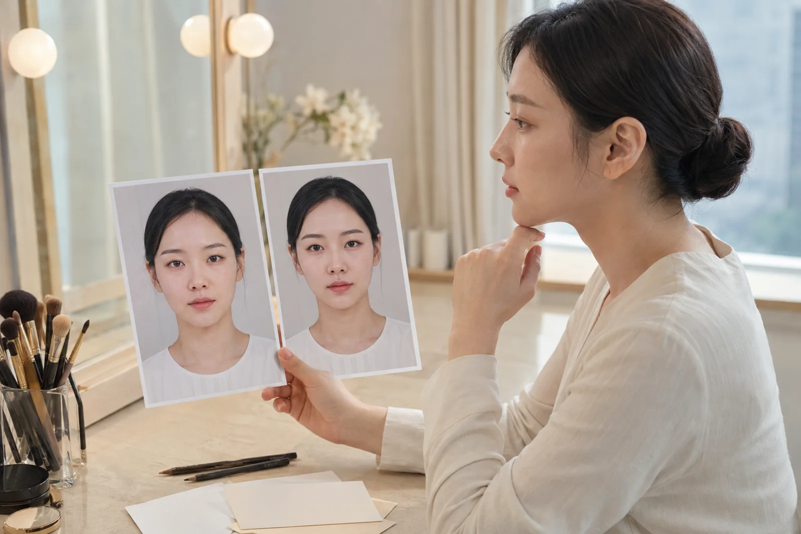 같은 각도의 민낯과 평소 눈썹 화장 참고 사진을 밝은 책상에서 비교하는 장면