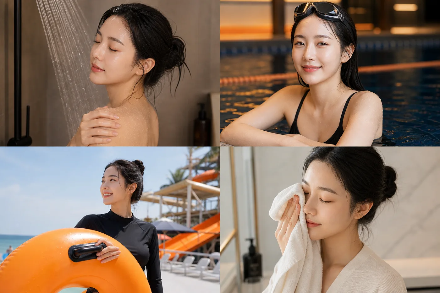 샤워 수영장 야외 물놀이 수건 건조를 무문자 사진 네 장으로 나눈 보드