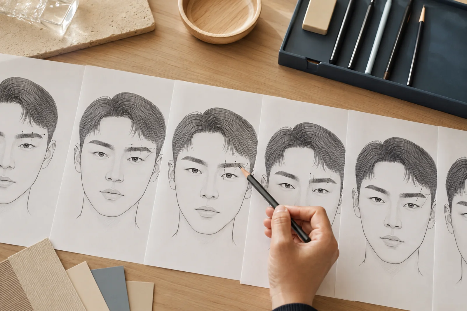 같은 남자 얼굴 도안 여러 장에서 눈썹 변수 하나만 바꿔 비교하는 밝은 교육 책상