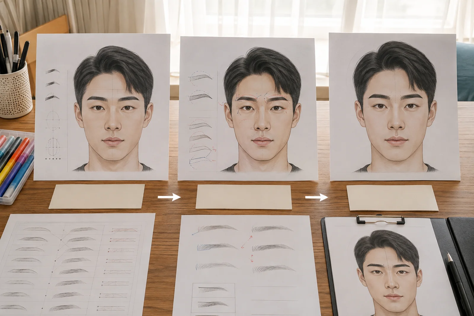 원본 도안과 수정 카드 및 같은 조건의 재현 도안을 한 묶음으로 정리한 장면