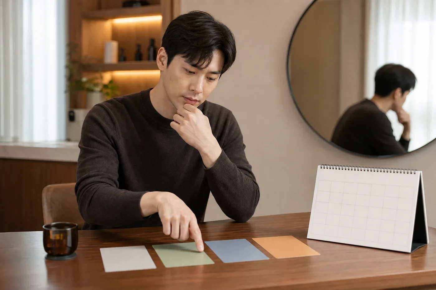 달력과 네 개의 눈썹 정리 범위 카드를 대조하는 한국 성인 남성