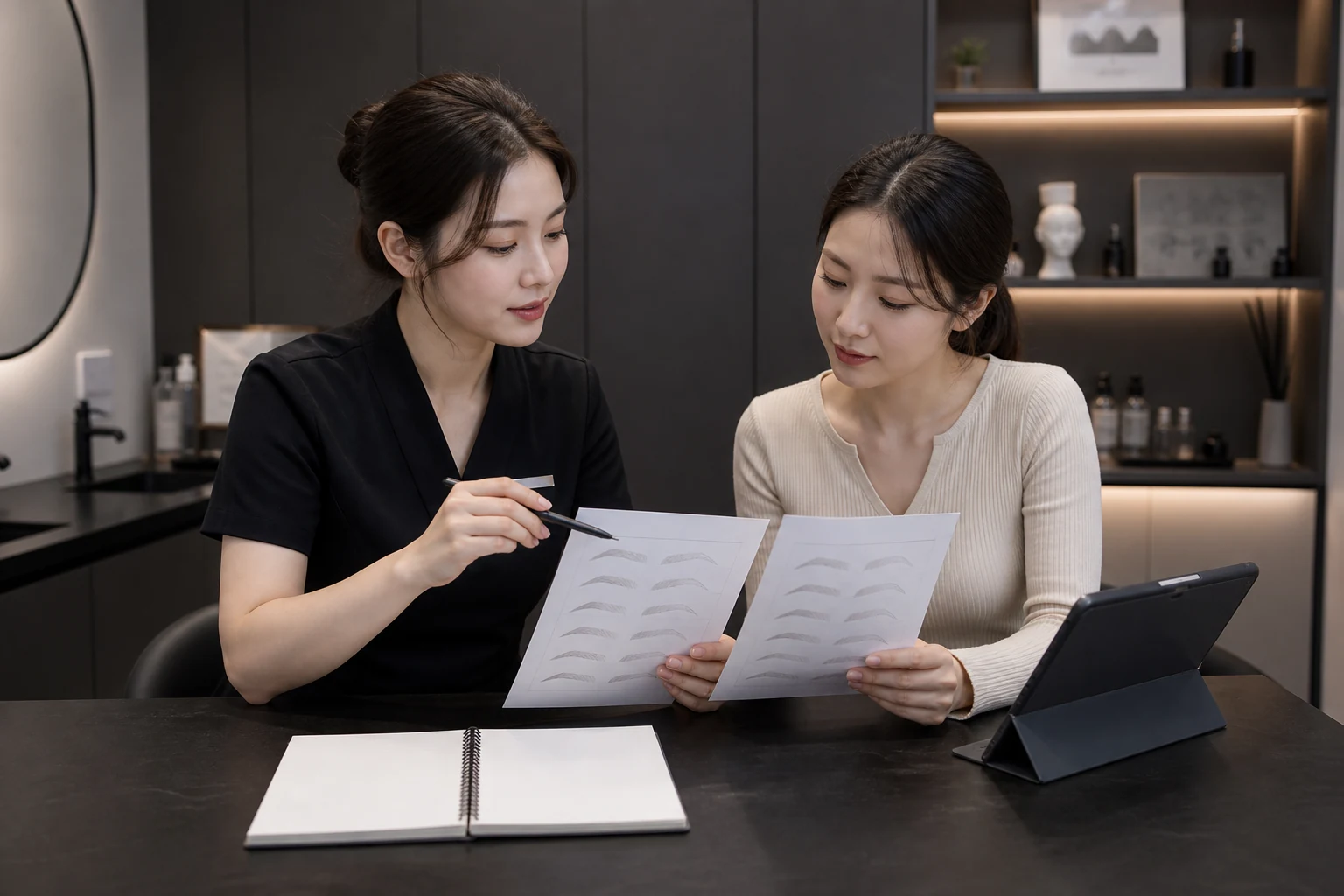 강사와 학습자가 두 장의 눈썹 연습지를 비교하는 교육 장면