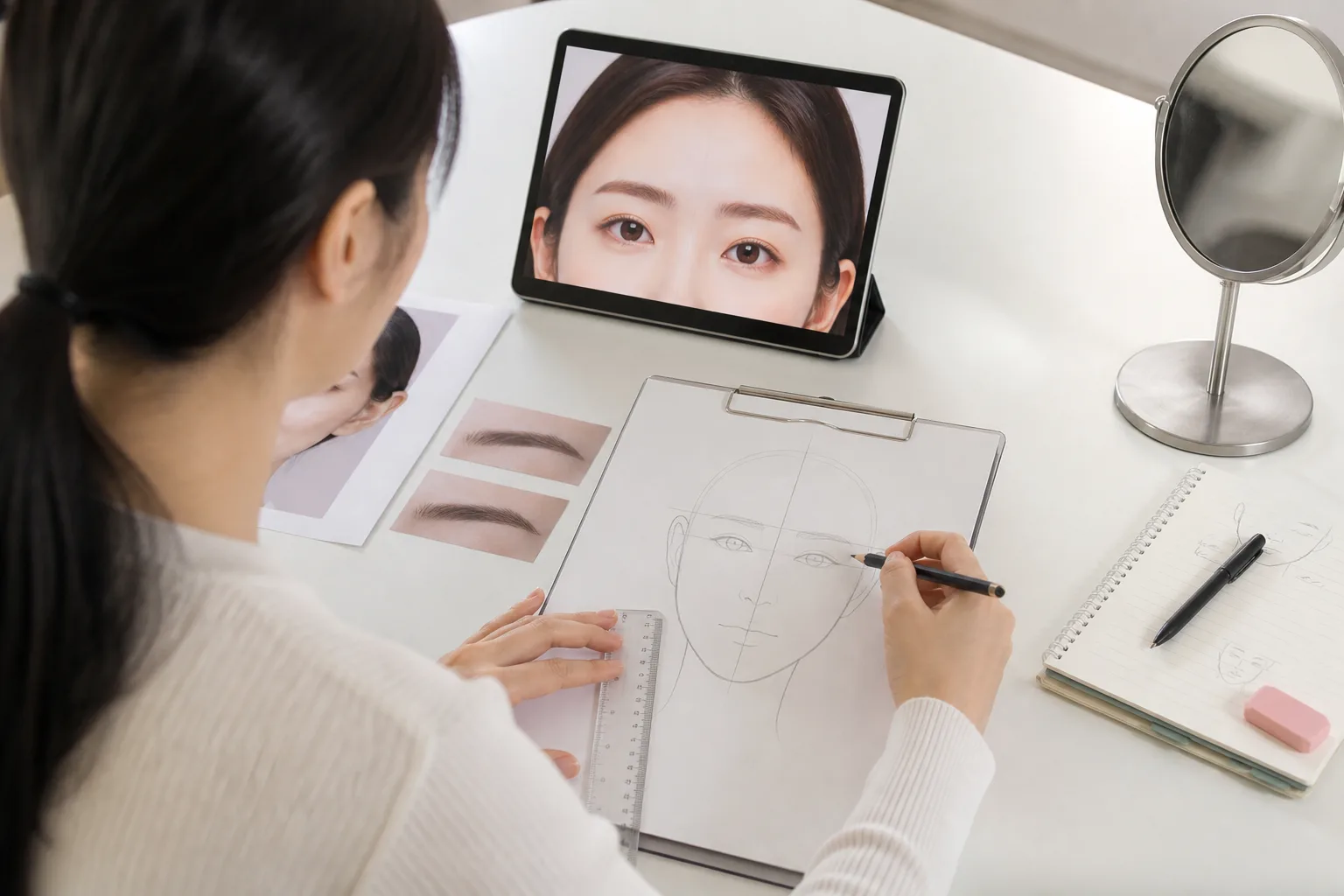 얼굴 비율과 눈썹 모 방향을 도안과 메모로 관찰하는 학습자