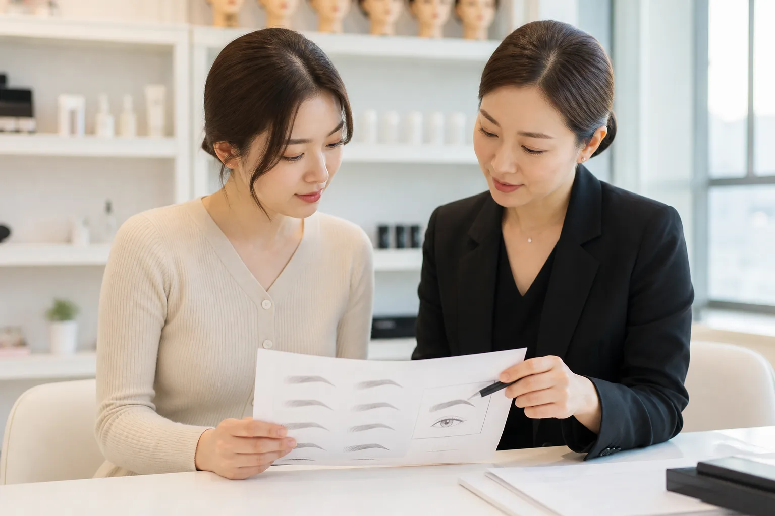 학습자와 강사가 실습 뒤 기록지를 보며 다음 연습을 정리하는 장면
