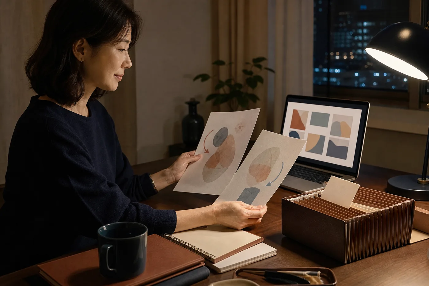 노트북 옆에서 수정 기록과 폴더 카드를 정리하는 한국 성인 학습자