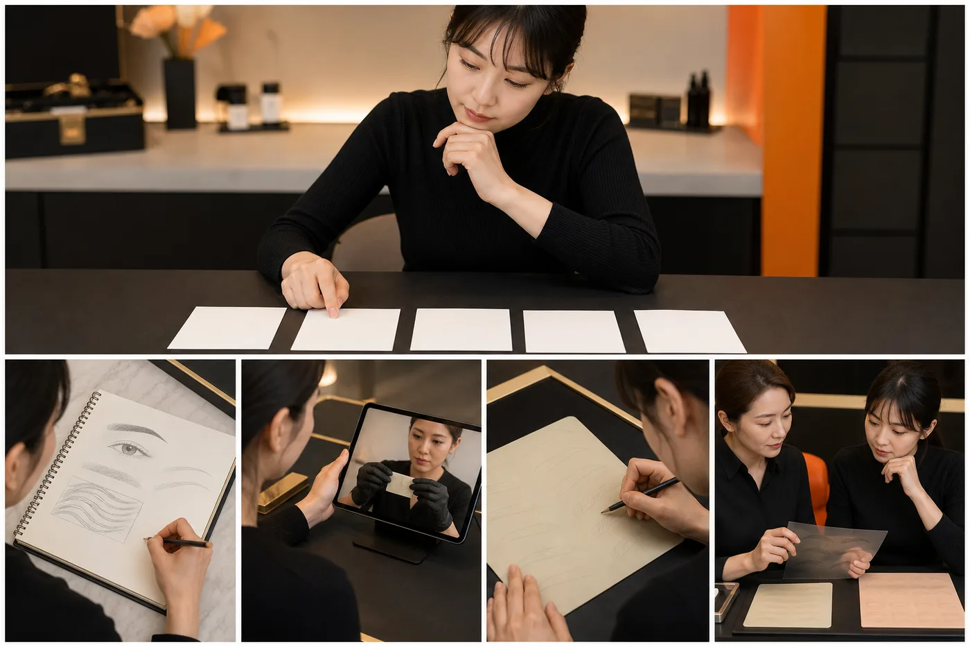 목표 이론 시연 연습 피드백을 무문자 사진 다섯 장으로 나눈 보드