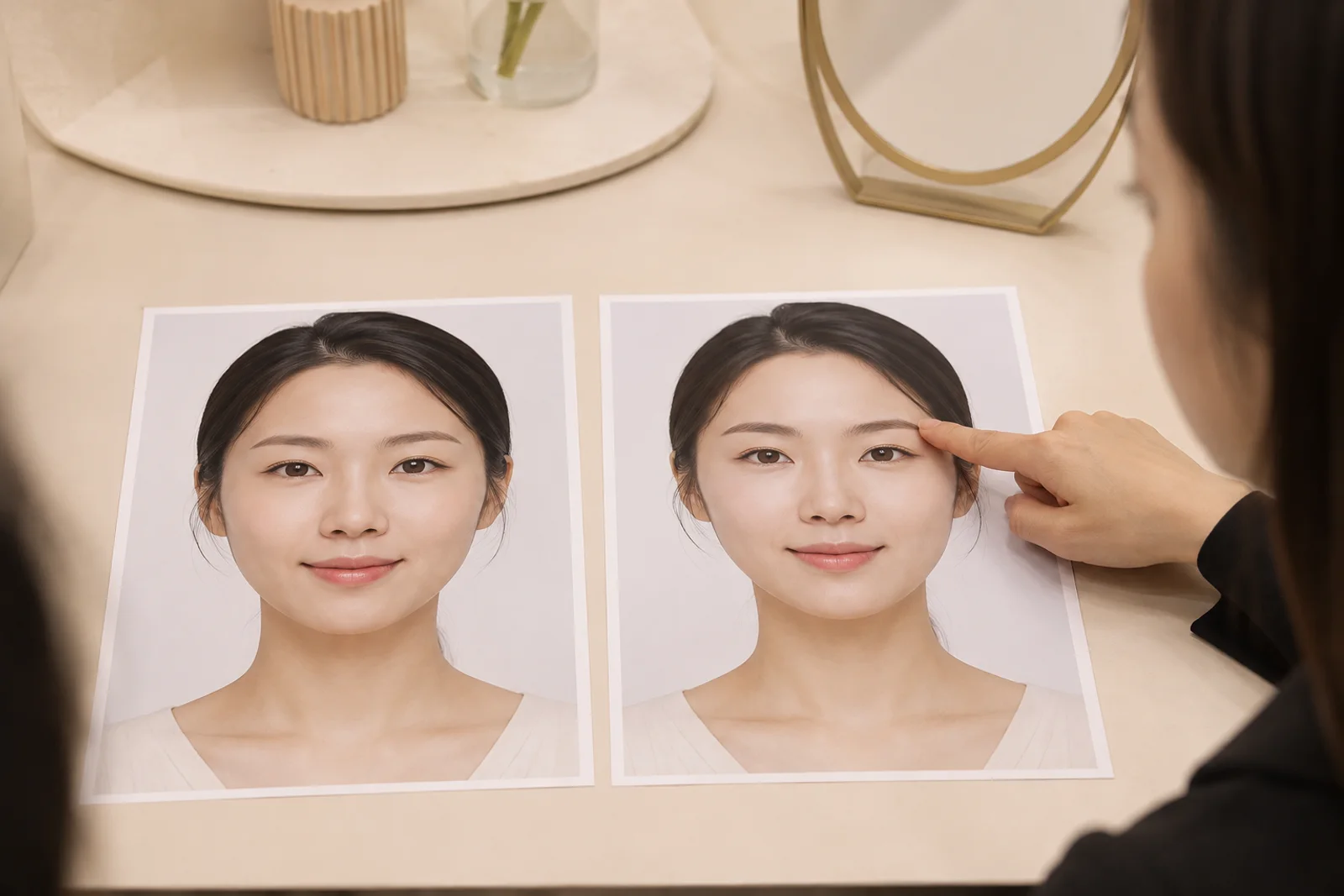 같은 조명에서 무표정과 가벼운 미소 얼굴 사진을 나란히 검토하는 장면