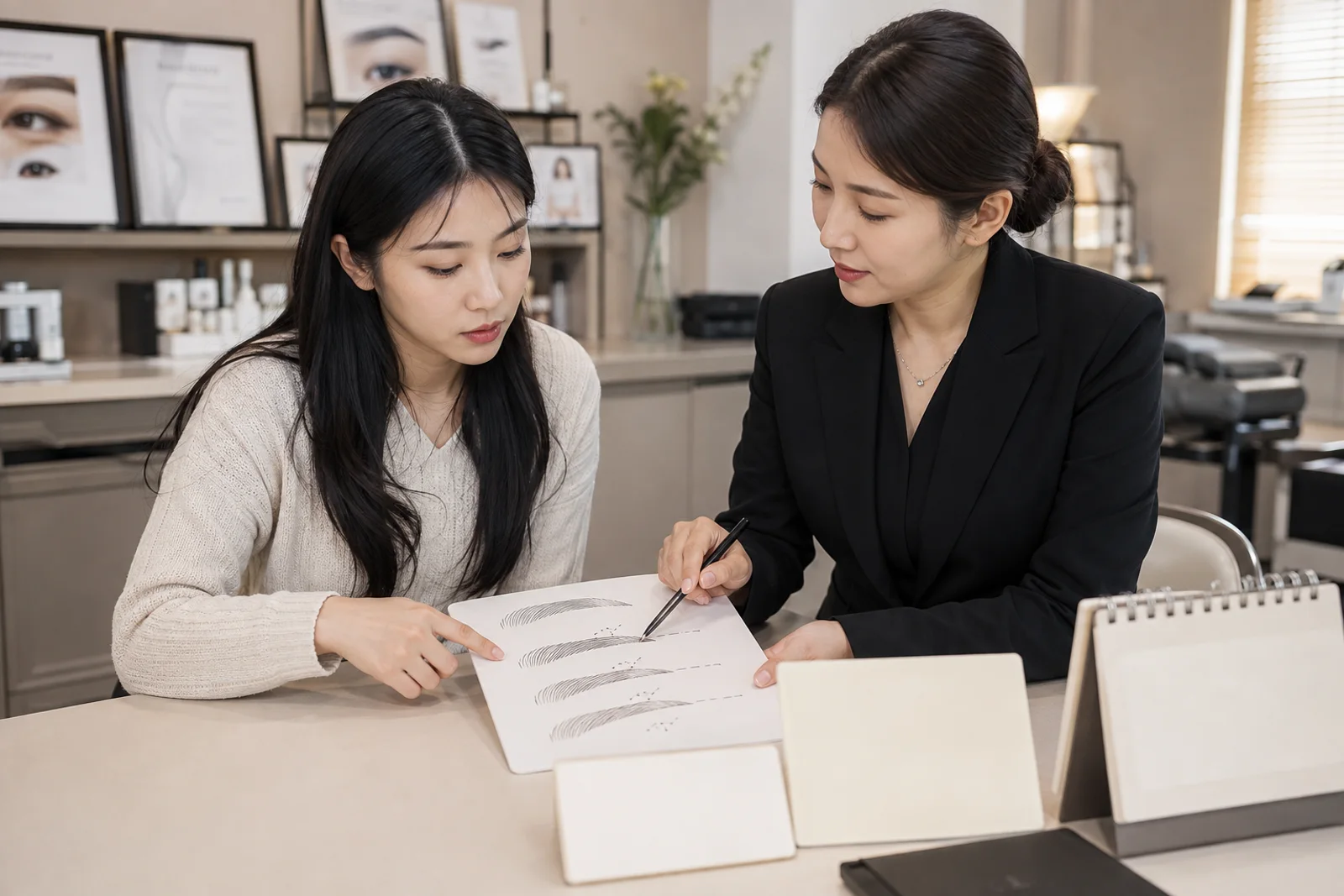 수정 표시가 있는 도안과 일정 변경 규정 카드를 나란히 검토하는 성인 학습자
