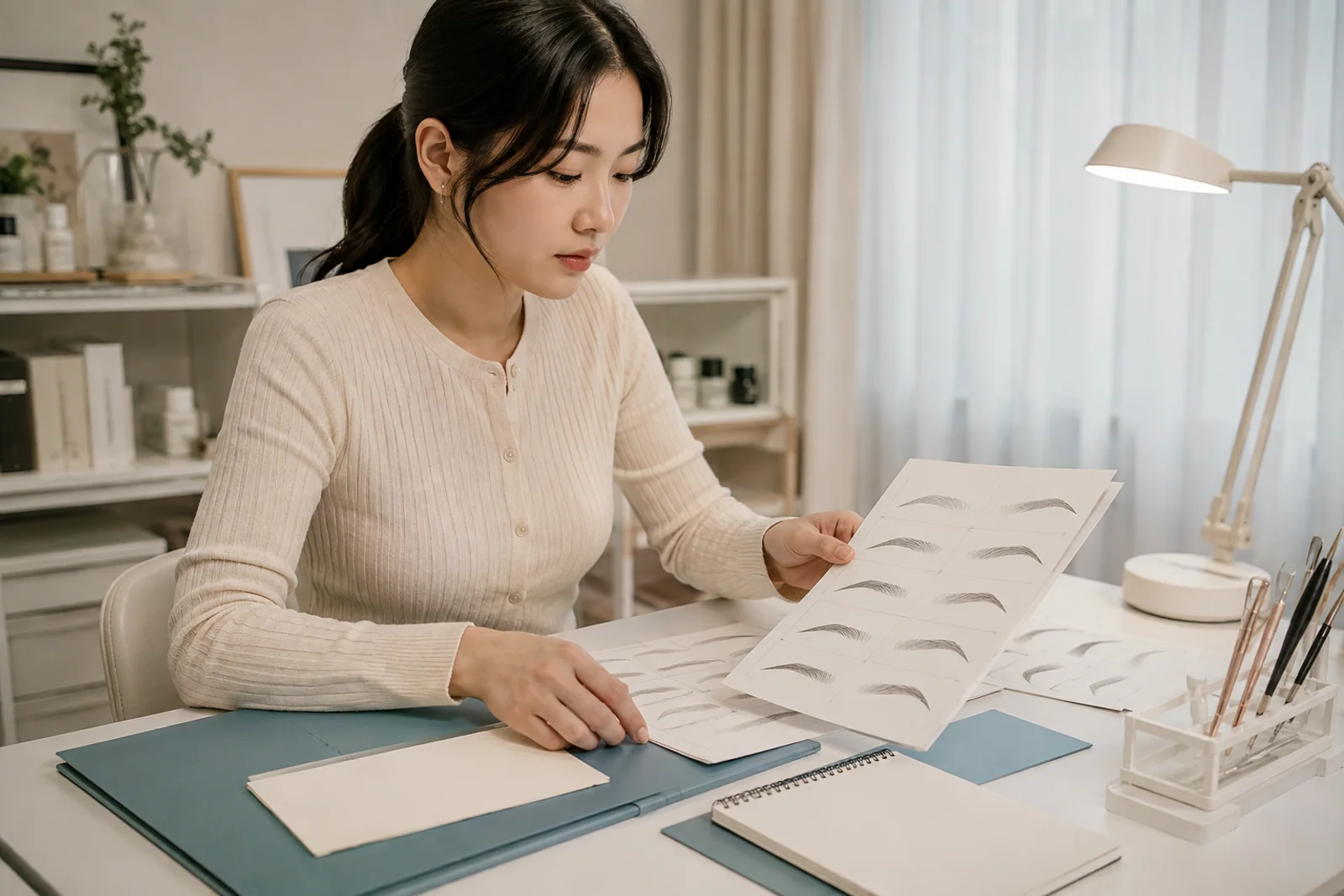 반복 연습 도안과 무문자 진행 카드를 책상에서 정리하는 한국 성인 학습자