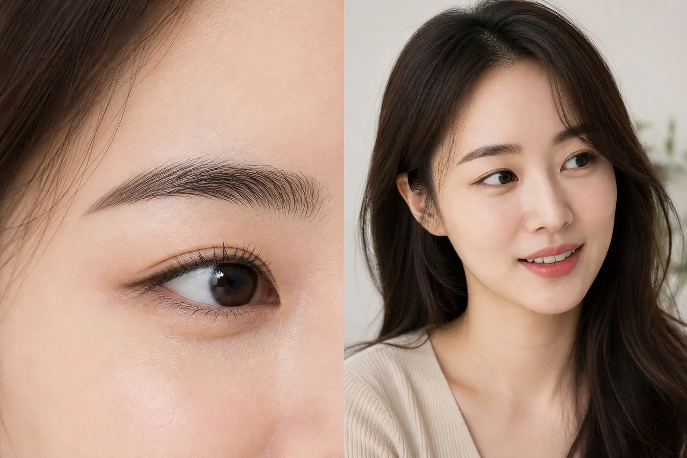 눈썹 확대와 헤어 포함 대화 거리 인상을 나란히 비교한 장면