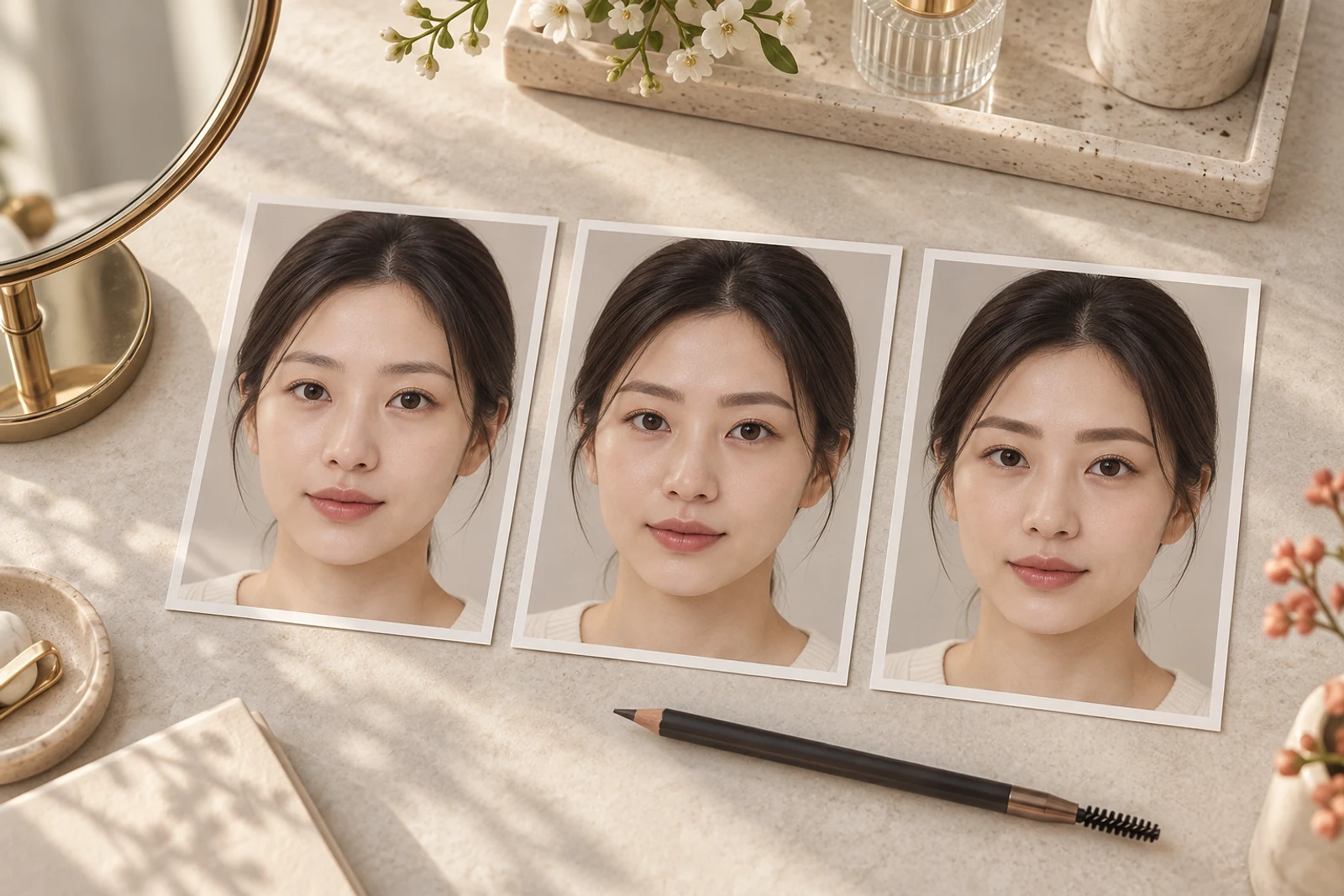 같은 얼굴의 눈썹 인상을 세 가지 생활 농도로 비교하는 에디토리얼 사진 시트