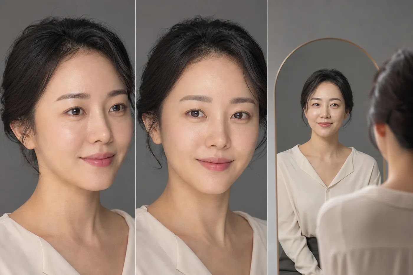 무표정과 미소 얼굴 위에 부드러운 눈썹 스케치를 비교한 사진 카드