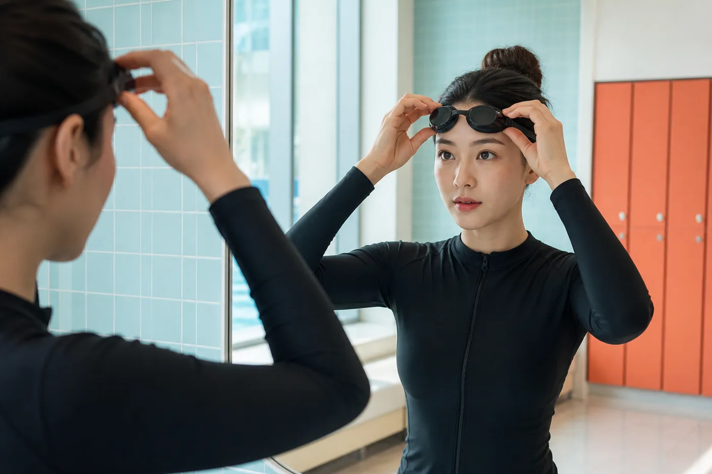수영장 로커 앞에서 수경 끈과 눈썹 거리를 확인하는 한국 성인 여성