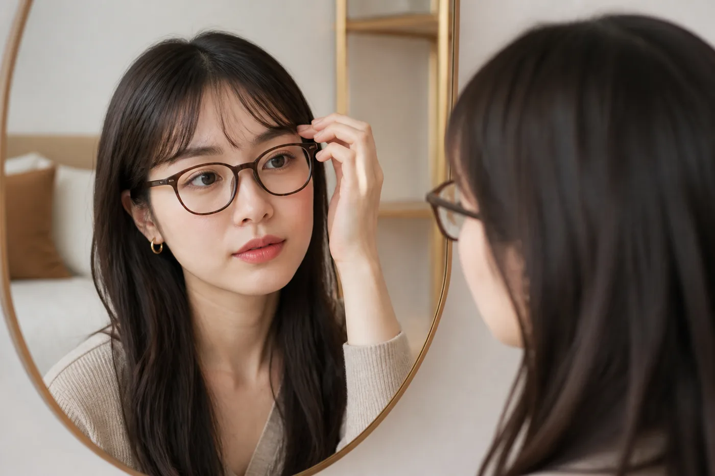 평소 안경과 앞머리 상태로 정면과 측면을 거울에서 확인하는 한국 여성