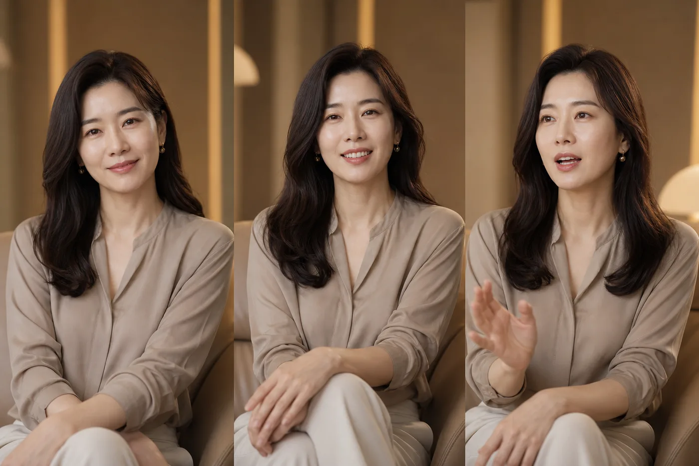 편하게 앉은 무표정 미소 대화 표정을 세 프레임으로 구성한 한국 여성