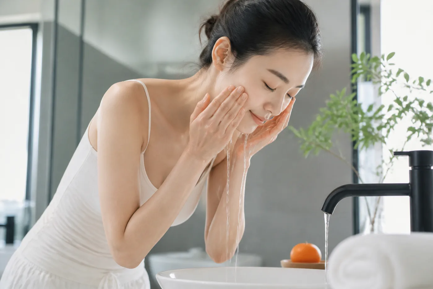 세면대에서 얼굴 물길과 손 위치를 확인하는 한국 성인 여성